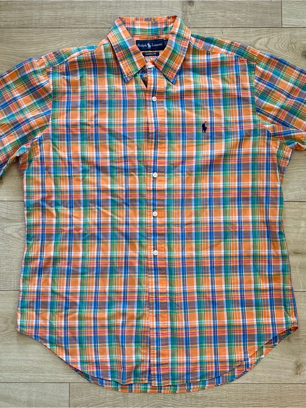 Ralph Lauren Plaid Button-Down Shirt Preppy Classic Men’s Polo Shirt Orange Blue
